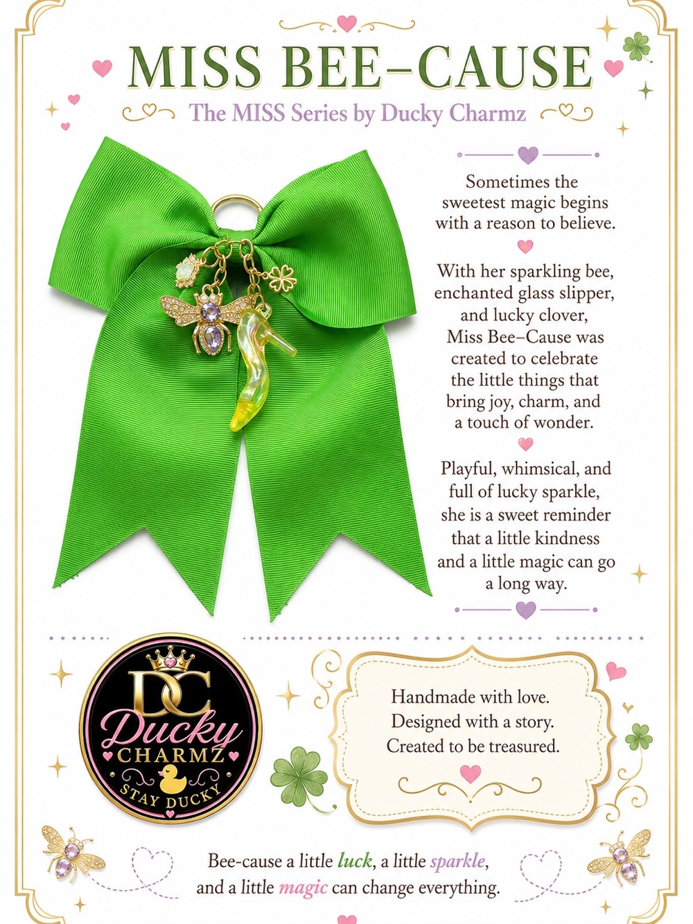 Ducky Charmz MISS BEE-CAUSE Handmade Green Bow Bag Charm Keychain 🐝🍀✨